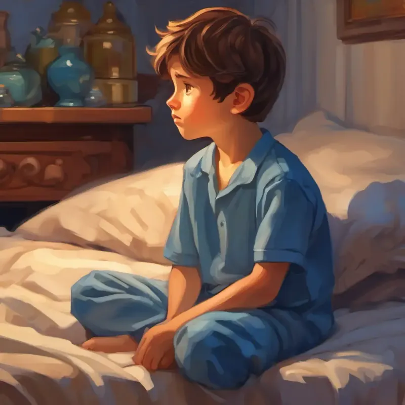Young boy, brown hair, blue pajamas thoughtful, considering other methods to sleep