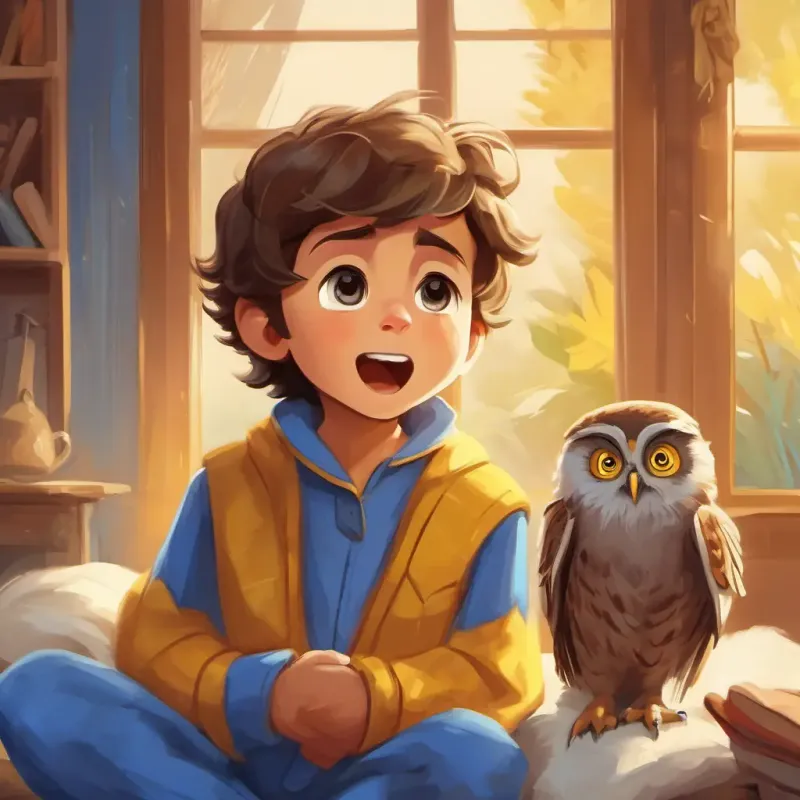 Young boy, brown hair, blue pajamas yawning, feeling sleepy, Wise owl, brown feathers, caring yellow eyes looks on happily
