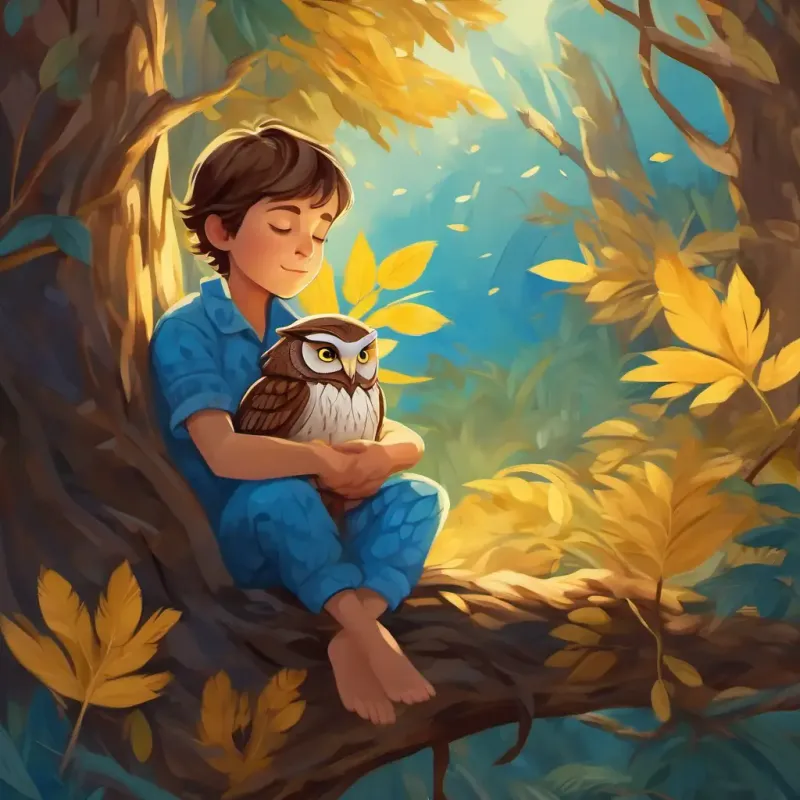 Wise owl, brown feathers, caring yellow eyes leaves, Young boy, brown hair, blue pajamas sleeping soundly