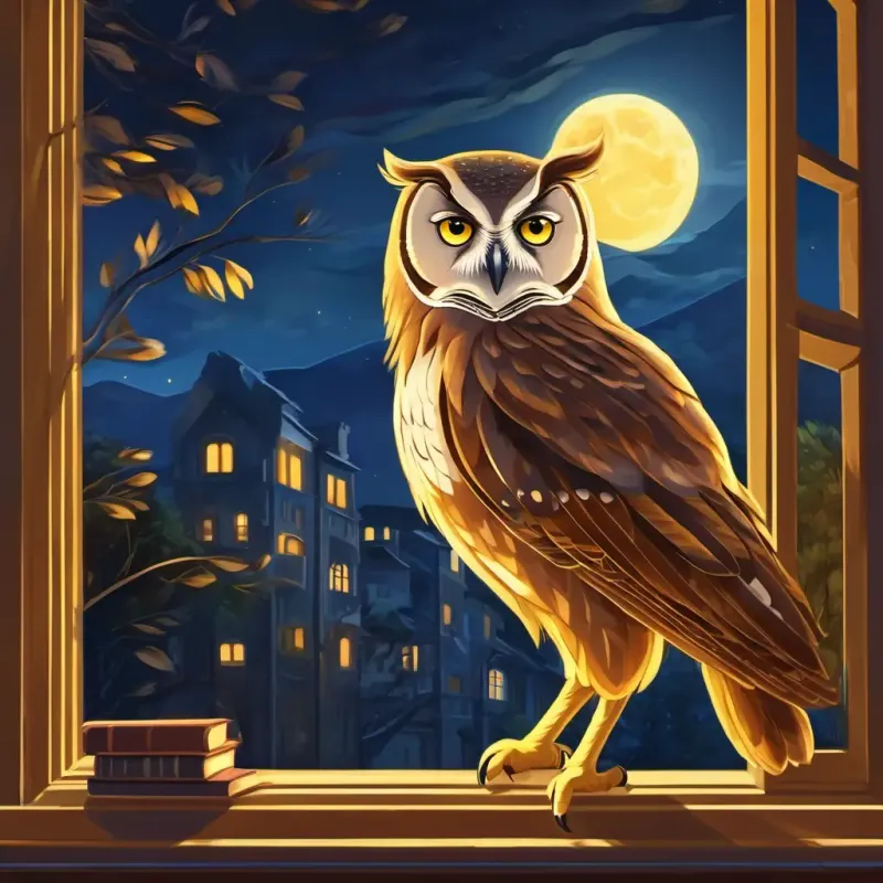 An owl called Wise owl, brown feathers, caring yellow eyes appears at the window, moonlit background