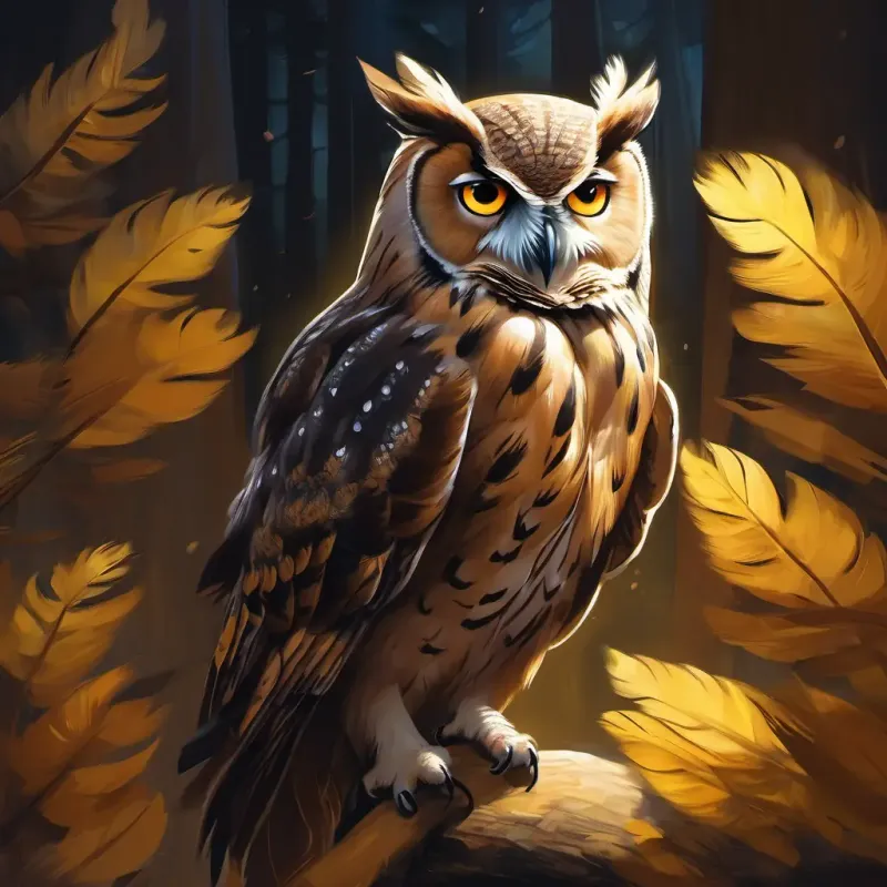 Wise owl, brown feathers, caring yellow eyes flies in, conversation starts, room still dark