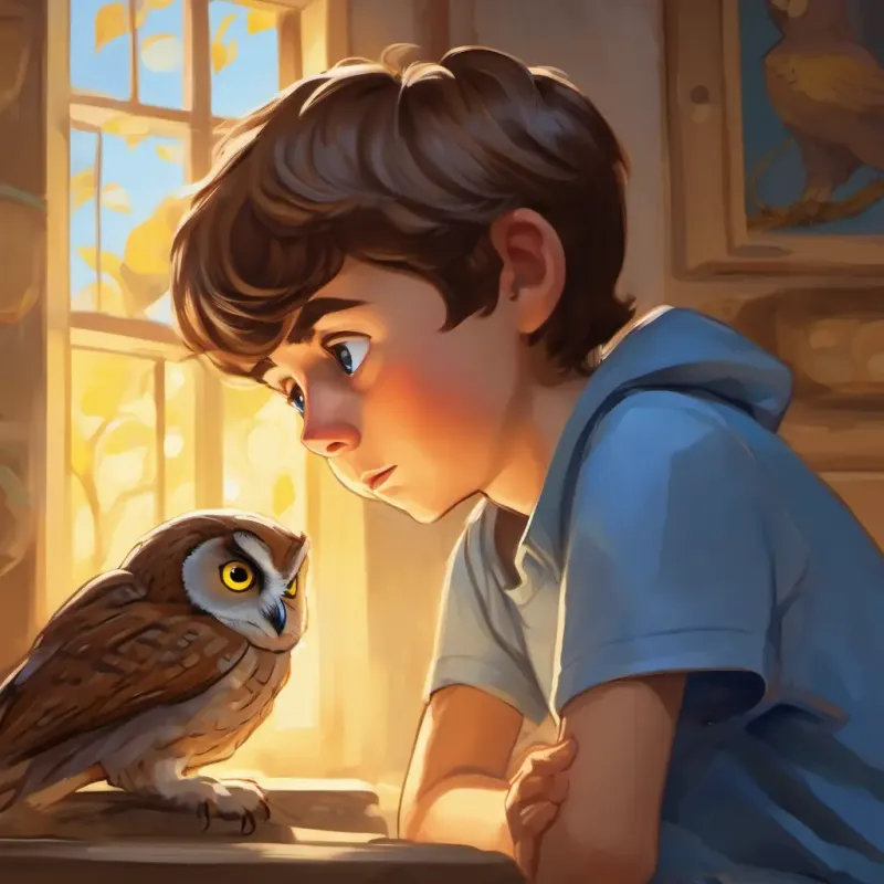 Young boy, brown hair, blue pajamas speaking to Wise owl, brown feathers, caring yellow eyes, expressing his issue