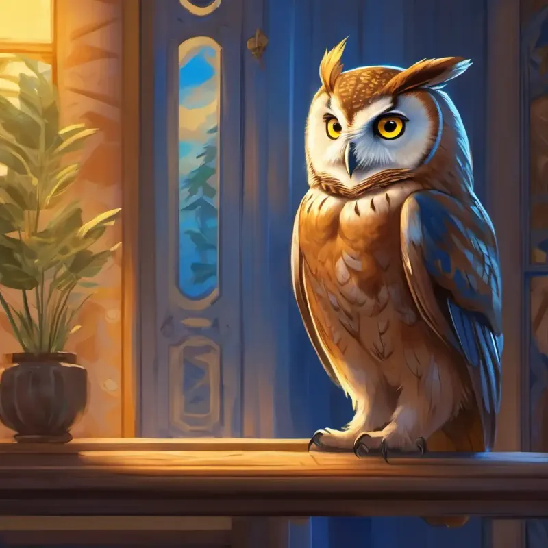 Wise owl, brown feathers, caring yellow eyes showing how to take deep breaths, Young boy, brown hair, blue pajamas watches