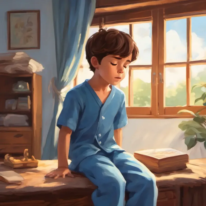 Young boy, brown hair, blue pajamas attempting the breathing technique