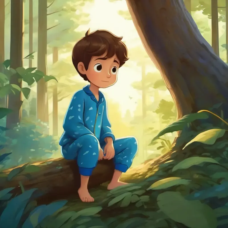 Young boy, brown hair, blue pajamas visualizing a peaceful forest scene