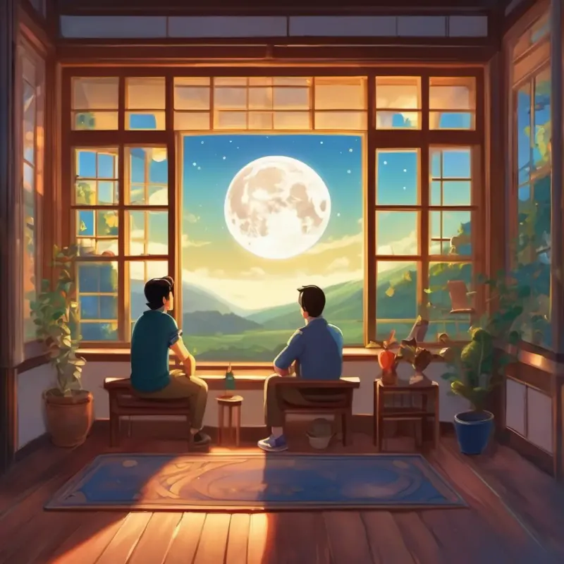 Dialogue as they both relax, moon shines through window