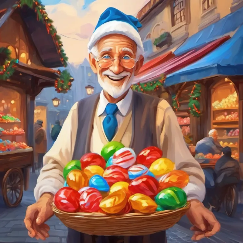 Introduction to Old man, blue eyes, warm smile, vendor of candies, an old candy seller with blue eyes.