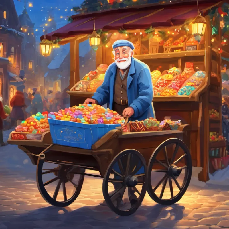 Old man, blue eyes, warm smile, vendor of candies preparing his candy cart for the market.