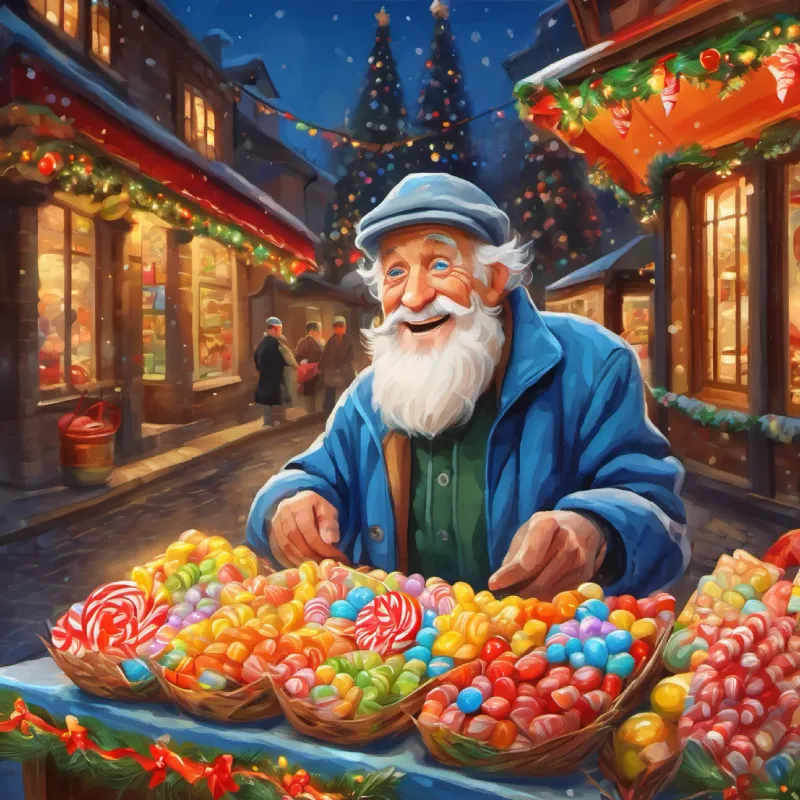 Old man, blue eyes, warm smile, vendor of candies reflects on the joy he spreads being his true gift.