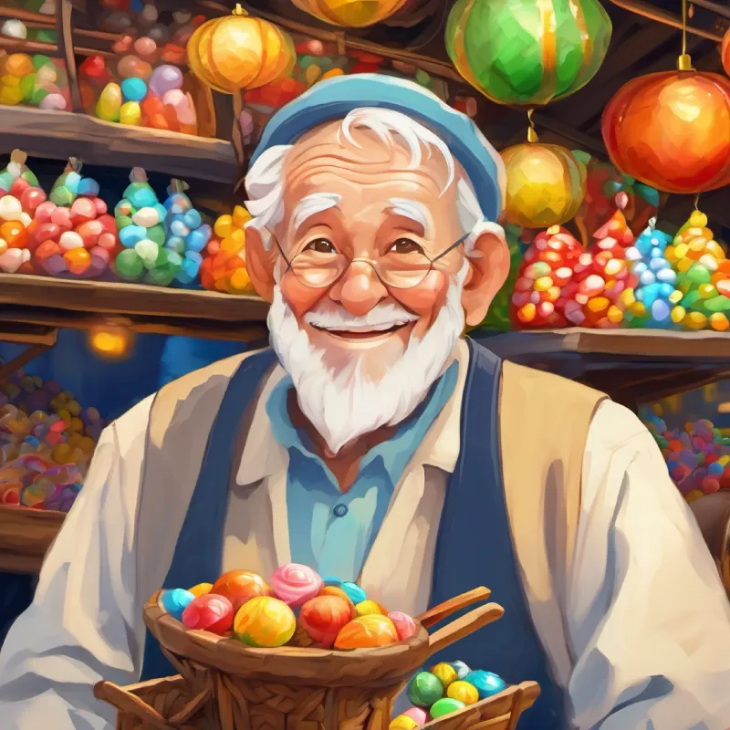 Old man, blue eyes, warm smile, vendor of candies, surrounded by happiness and color at his bustling market cart.