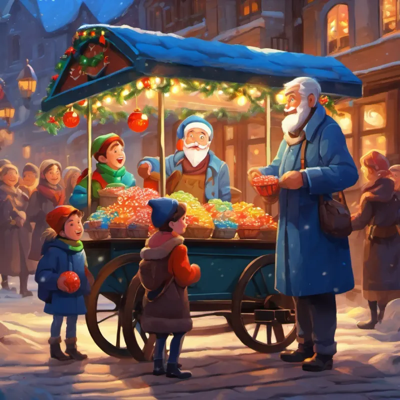Children gather around Old man, blue eyes, warm smile, vendor of candies's candy cart.