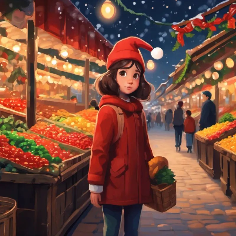 Young girl, often sad, later grateful and happy, sad at the market, unable to buy candy.