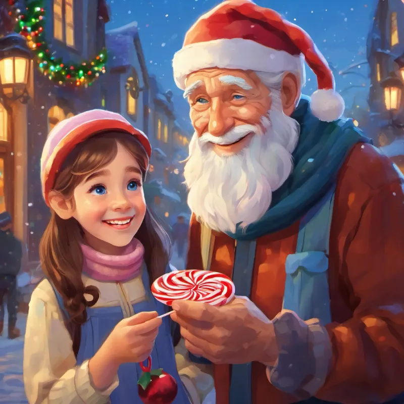 Old man, blue eyes, warm smile, vendor of candies giving a lollipop to Young girl, often sad, later grateful and happy, making her smile.