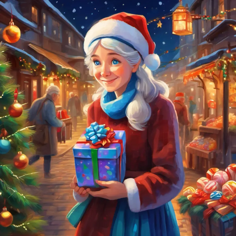 Young girl, often sad, later grateful and happy presents a handmade thank you card to Old man, blue eyes, warm smile, vendor of candies.