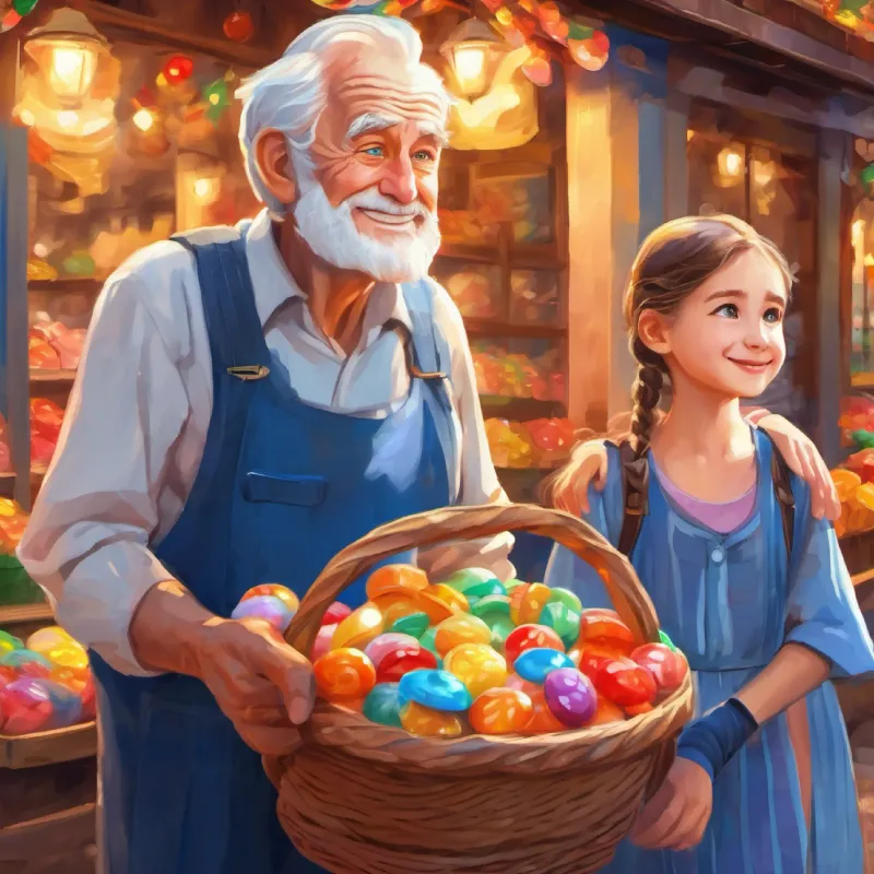 Old man, blue eyes, warm smile, vendor of candies proudly displaying Young girl, often sad, later grateful and happy's thank you card.