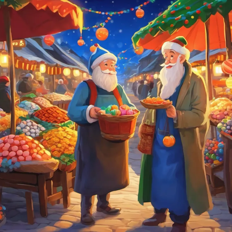 The market is abuzz with stories of Old man, blue eyes, warm smile, vendor of candies's kindness.