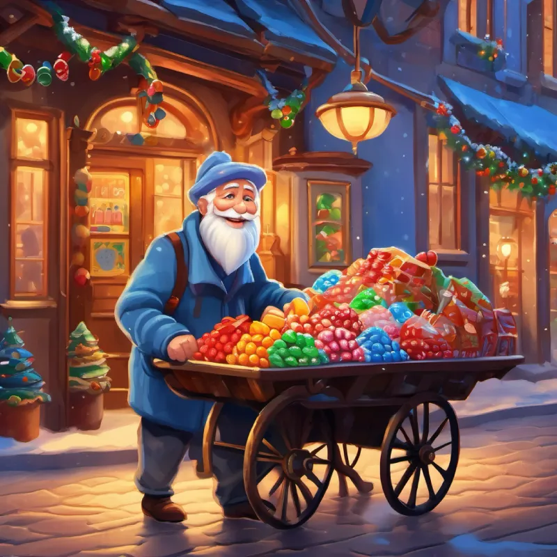 Old man, blue eyes, warm smile, vendor of candies's cart becomes popular for both sweets and kindness.