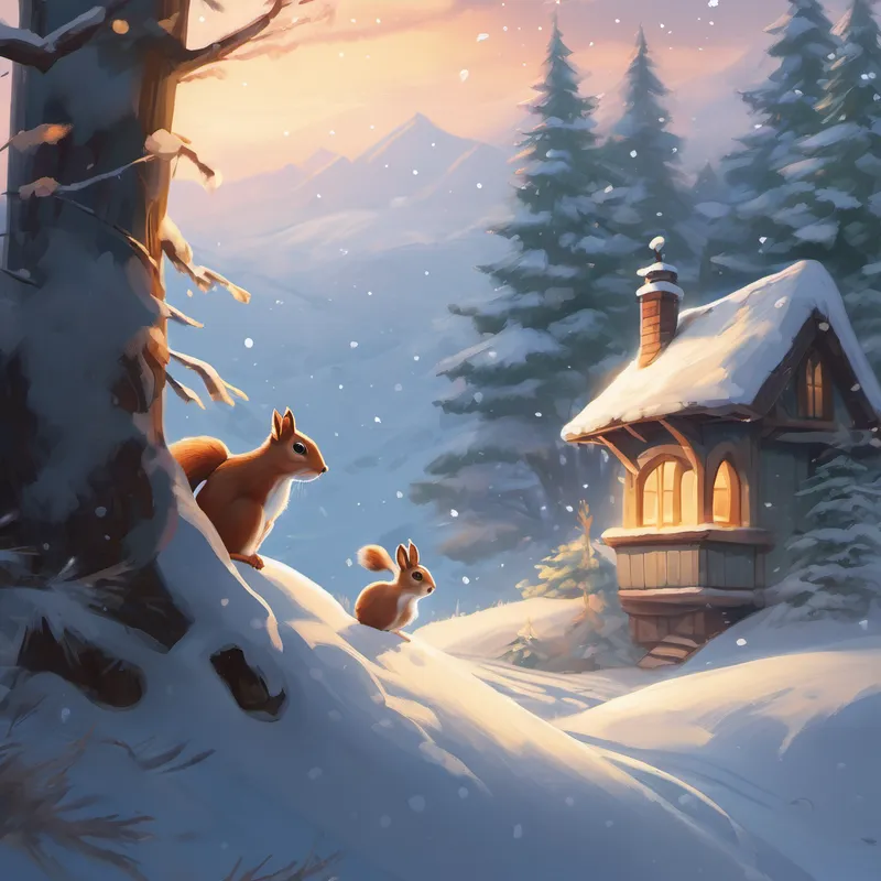 One winter morning, as Frosty perched on a snowy mountaintop, feeling rather down, he noticed a group of forest animals in need of help. The squirrels' burrow had collapsed under the weight of the snow, and the rabbits were shivering in the wind. Frosty's heart touched by their plight, he decided it was his time to shine. He took a deep breath and released a gentle gust of snowflakes that danced through the air. As the snowflakes settled onto the ground, they formed a soft blanket around the exhausted animals, keeping them warm and safe.