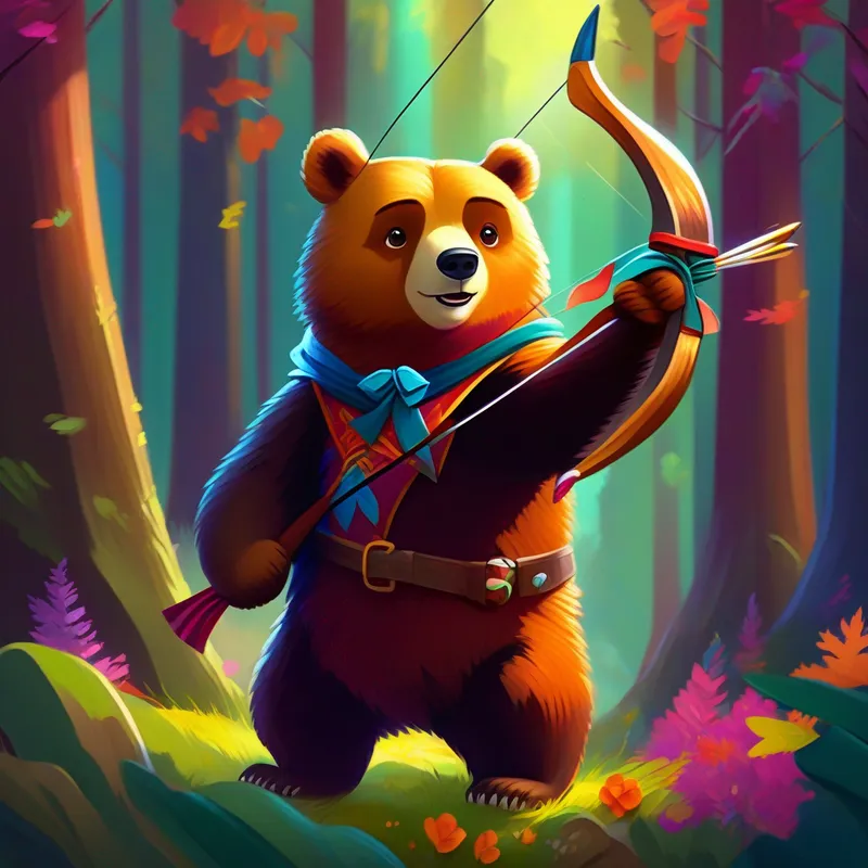 Brave bear with a bow, wearing a confident smile, a bear with a bow, exploring a colorful forest.