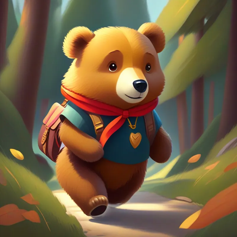 Brave bear with a bow, wearing a confident smile packing her bag and walking confidently.