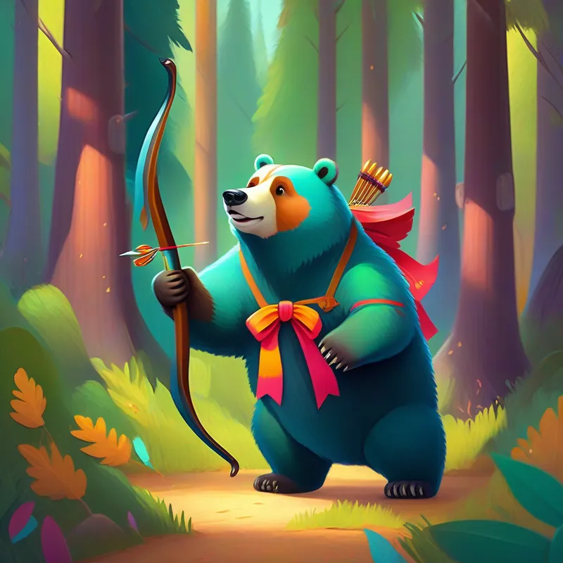 Brave bear with a bow, wearing a confident smile meeting friendly forest animals in bright colors.