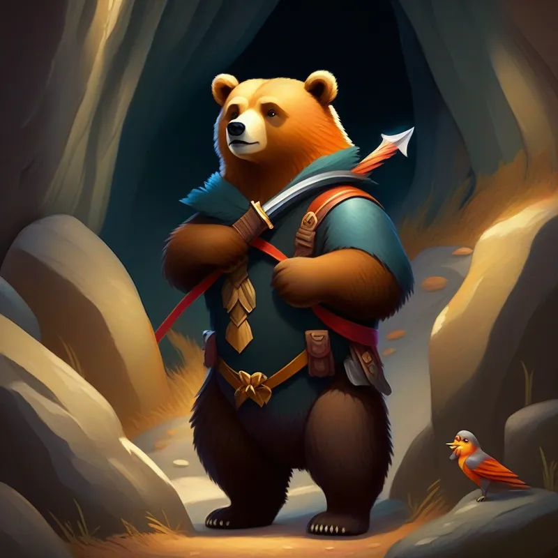 Brave bear with a bow, wearing a confident smile standing near a cave with scared animals, showing her confidence.