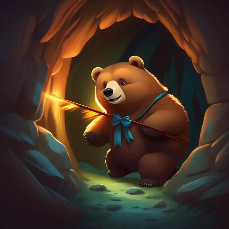Brave bear with a bow, wearing a confident smile finding a lost cub inside a cave.