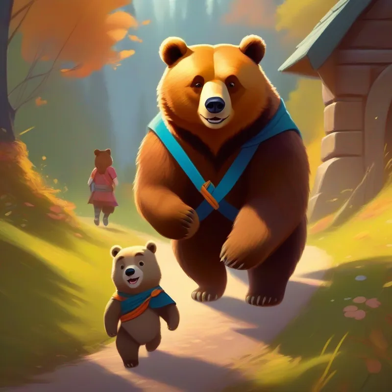 Brave bear with a bow, wearing a confident smile and the cub walking happily towards their home.