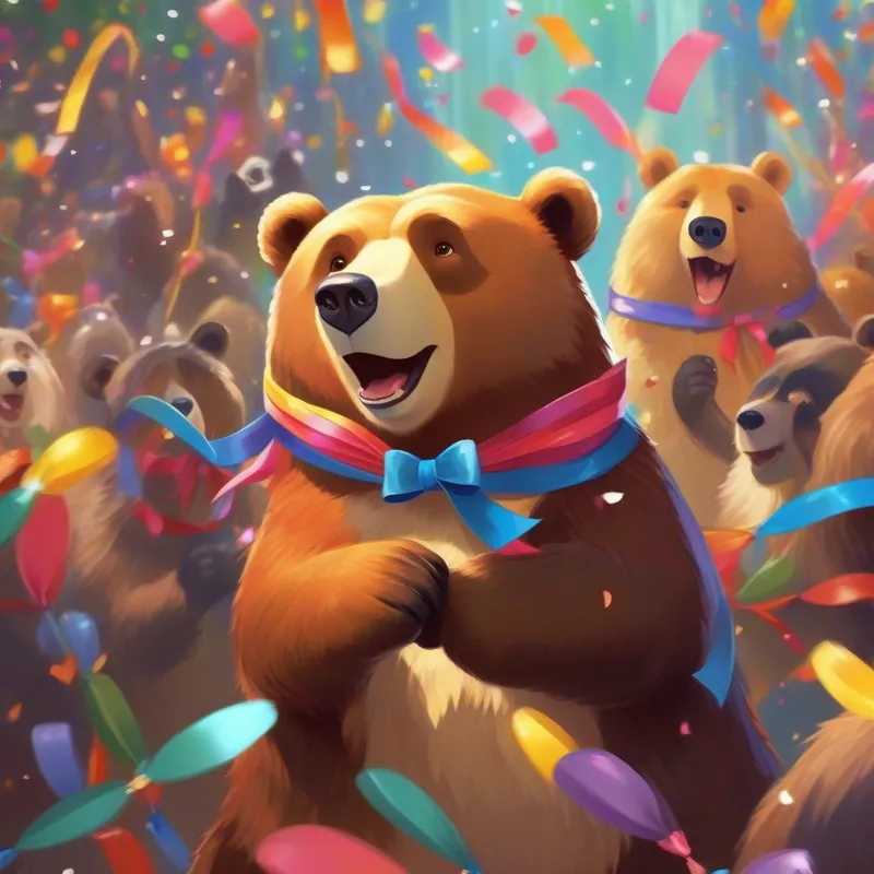 Animals celebrating Brave bear with a bow, wearing a confident smile's bravery with confetti and smiles.