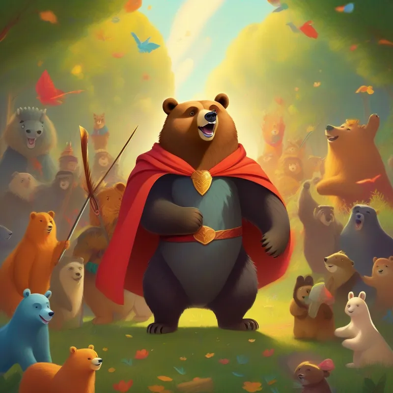 Brave bear with a bow, wearing a confident smile standing tall with a cape and a crown, surrounded by grateful animals.