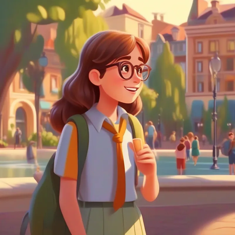 Clever girl in the small town. Brown hair, glasses. talking to people near the fountain in the town square.