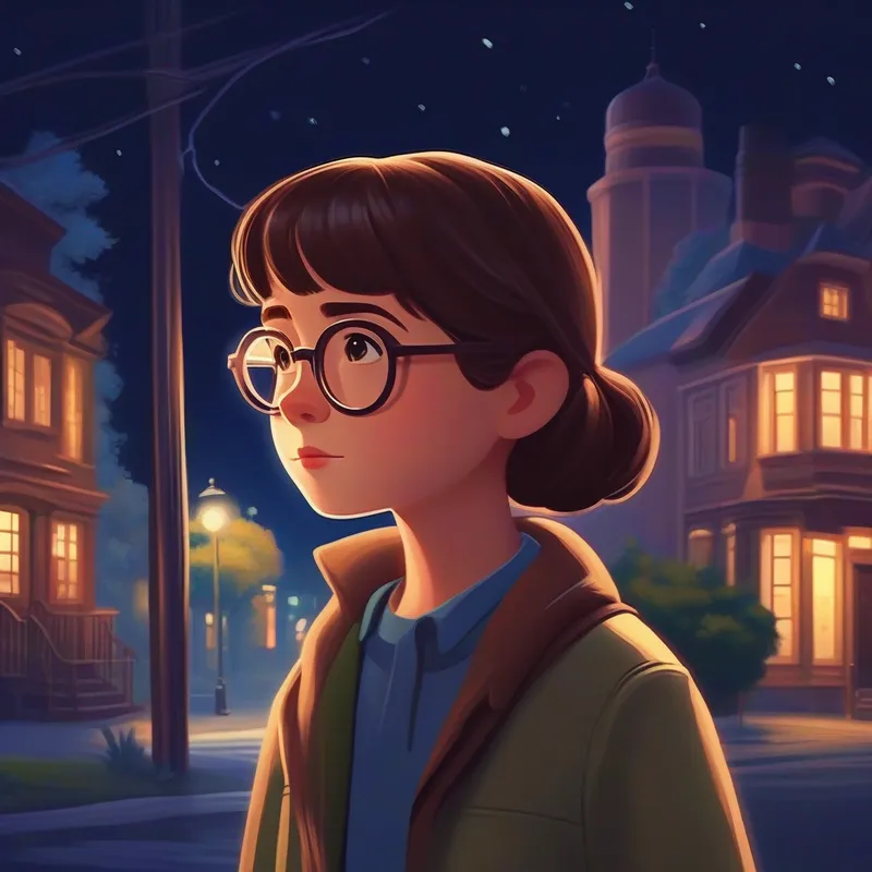 Clever girl in the small town. Brown hair, glasses. thinking and looking for clues at night.