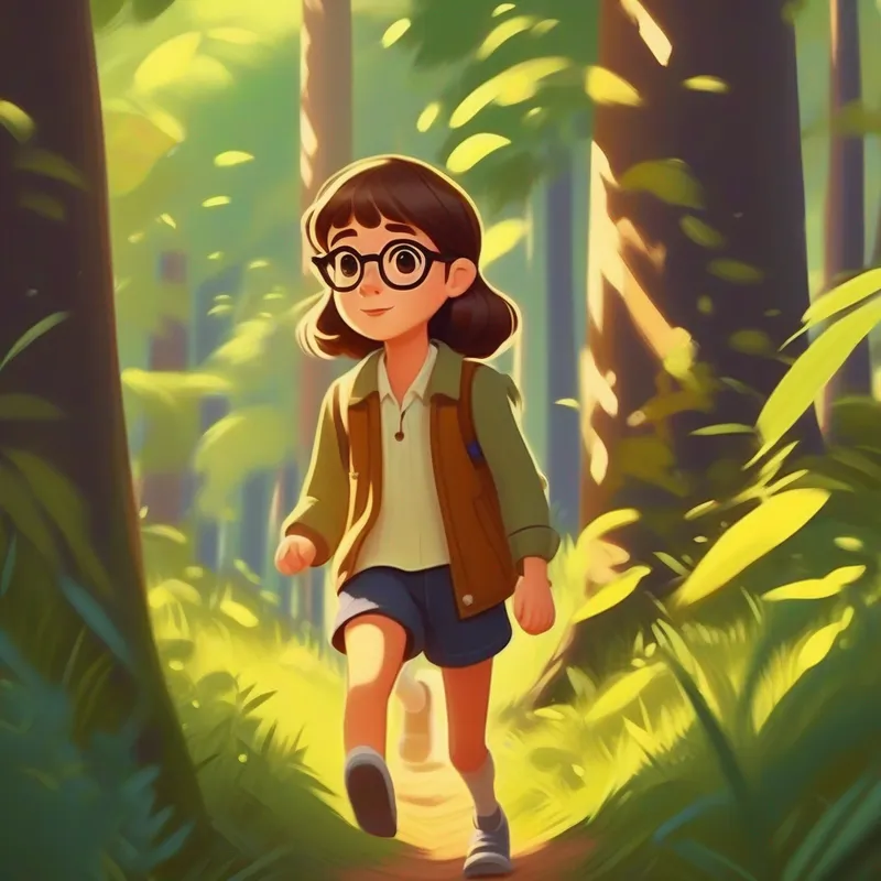 Clever girl in the small town. Brown hair, glasses. finding footprints and following them to the edge of the woods.