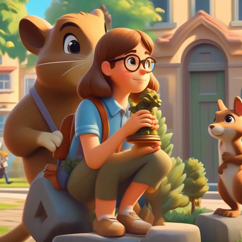 Clever girl in the small town. Brown hair, glasses. finding the squirrels playing with the statue.