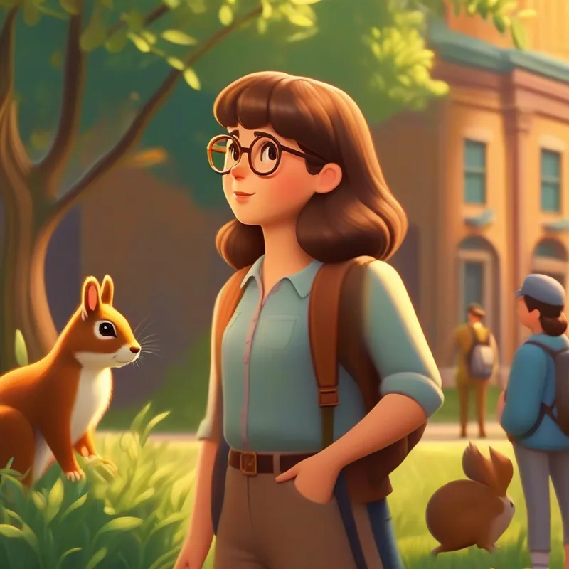 Clever girl in the small town. Brown hair, glasses. talking to the squirrels and bringing the statue back.