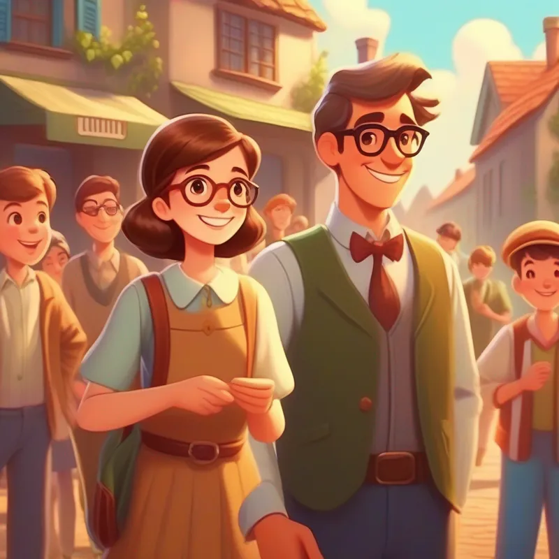 Happy townspeople and the mayor thanking Clever girl in the small town. Brown hair, glasses. for her cleverness.