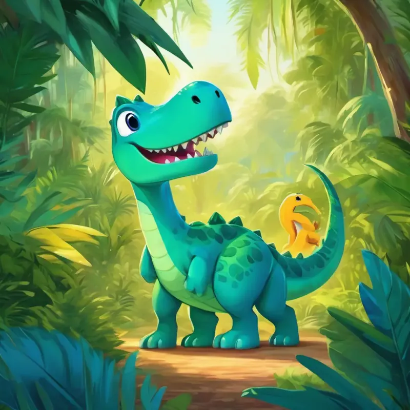 In a vibrant jungle, two playful dinosaurs, Friendly, green dinosaur with big bright eyes and Playful, blue dinosaur with a wide grin, frolic among the foliage.