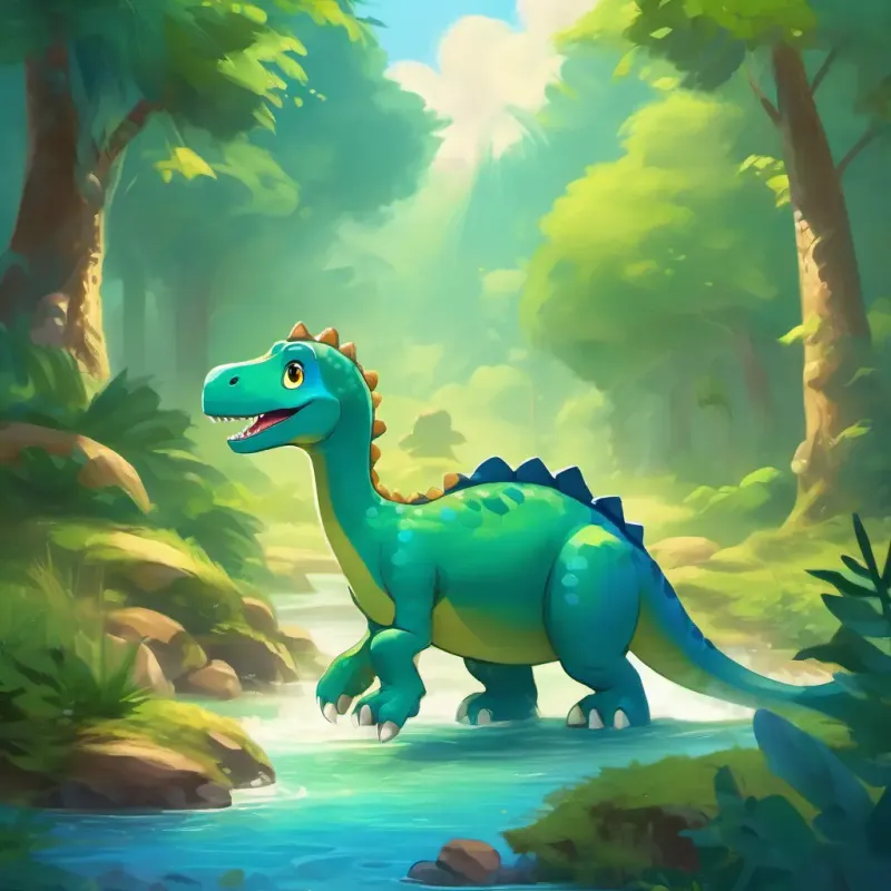 Friendly, green dinosaur with big bright eyes and Playful, blue dinosaur with a wide grin find a sparkling stream and gleefully dash towards it.