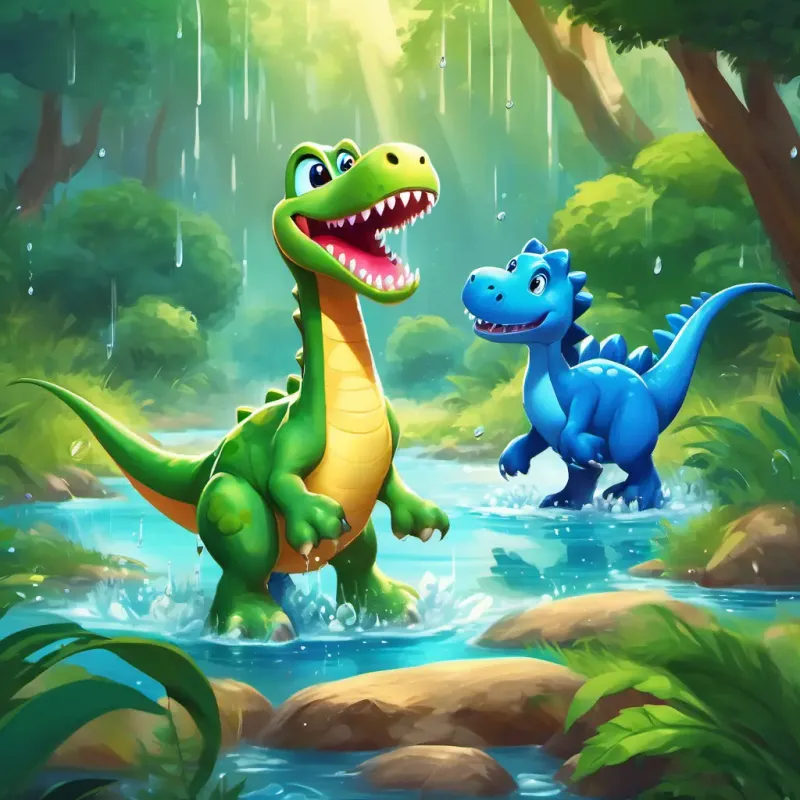 Friendly, green dinosaur with big bright eyes and Playful, blue dinosaur with a wide grin joyfully splash and play in the stream, sending droplets into the air.