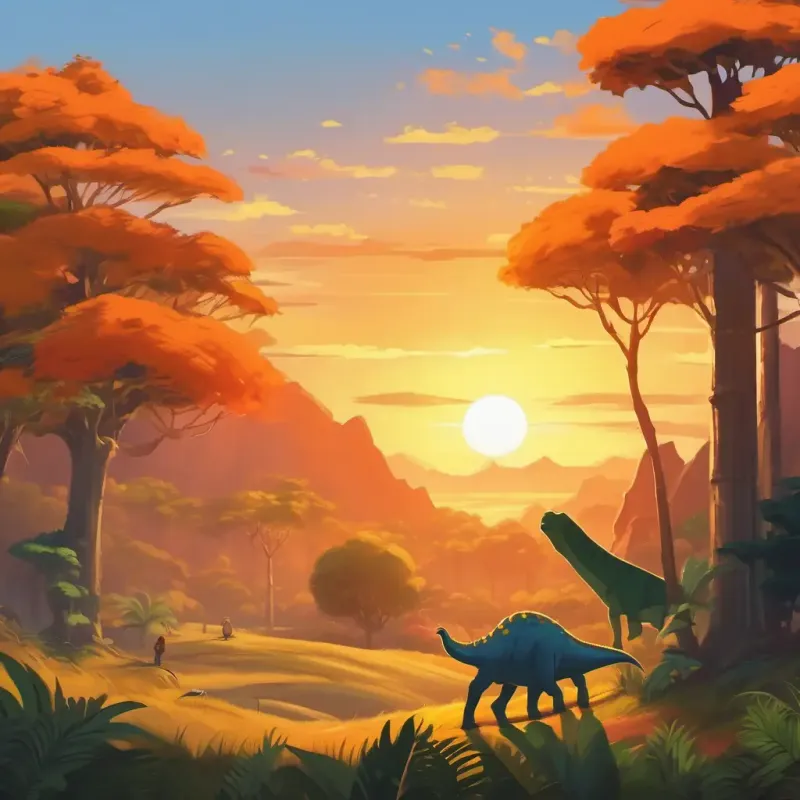 The dinosaurs enjoy the sunset but notice a mysterious orange creature peeking from behind a tree.