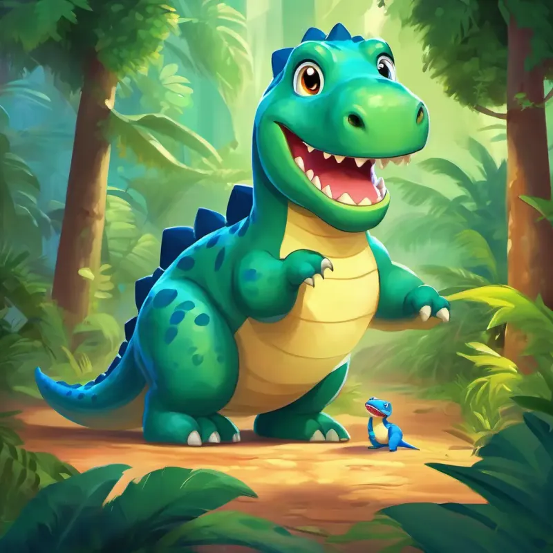Friendly, green dinosaur with big bright eyes and Playful, blue dinosaur with a wide grin return to their home and have a satisfying meal before falling asleep.