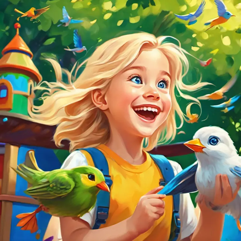 A happy girl with blonde hair and blue eyes, a happy girl with blonde hair and blue eyes, is laughing and playing on a sunny day at a colorful playground, surrounded by green trees and chirping birds.