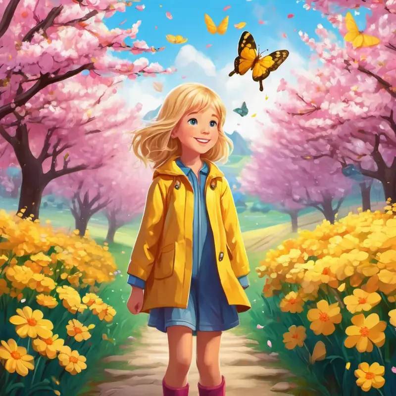A happy girl with blonde hair and blue eyes, wearing a yellow raincoat with rain boots, is standing in a field full of colorful flowers. Butterflies are flying around her, and pink cherry blossom trees can be seen in the background.