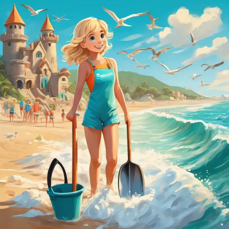 A happy girl with blonde hair and blue eyes, wearing a swimsuit and holding a bucket and shovel, is building a sandcastle on a sunny beach. The turquoise ocean waves are crashing against the shore, and seagulls can be seen in the sky.
