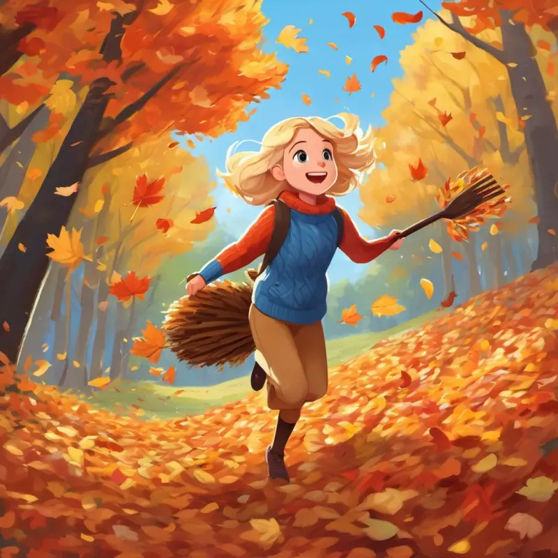 A happy girl with blonde hair and blue eyes, wearing a cozy sweater and holding a rake, is jumping into a big pile of orange, red, and yellow leaves. Tall trees with falling leaves surround her, and squirrels are running around.