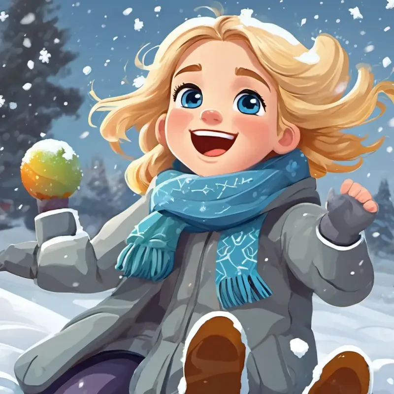 A happy girl with blonde hair and blue eyes, wearing a warm jacket and a colorful scarf, is laying on the ground, moving her arms and legs to make a snow angel. Her friends are nearby, throwing snowballs at each other. Snowflakes are falling from the gray sky.