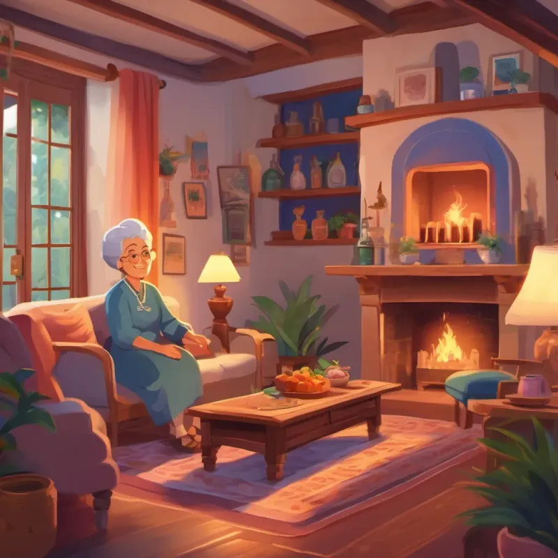 A cozy living room with a Spanish family and a lively Cuban grandma telling stories next to a warm, glowing fireplace.