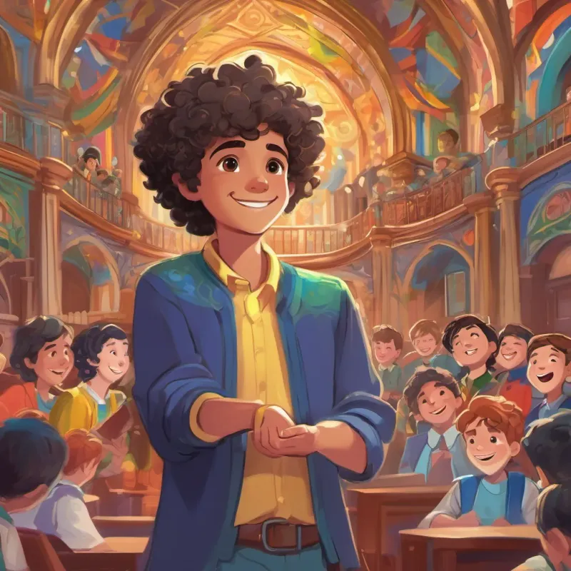 A 12-year-old boy of Spanish descent born in London, energetic and whimsical, with curly hair and a lively smile presenting a colorful plan to an assembly of diverse leaders in a grand hall filled with hope and unity.
