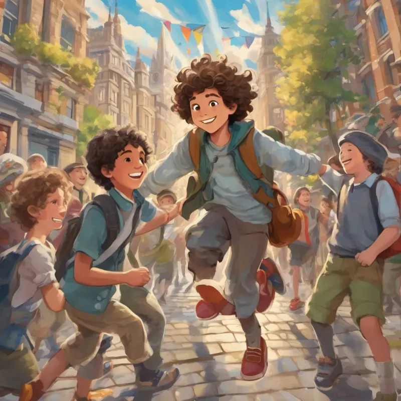 A 12-year-old boy of Spanish descent born in London, energetic and whimsical, with curly hair and a lively smile standing triumphantly in the center of London, surrounded by children of diverse backgrounds, all full of hope and joy.
