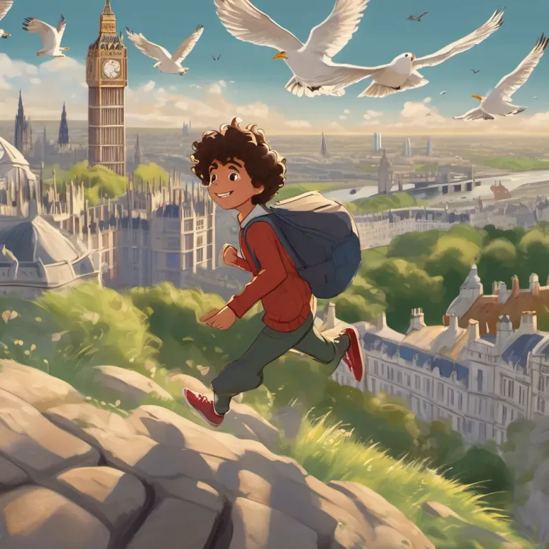 A 12-year-old boy of Spanish descent born in London, energetic and whimsical, with curly hair and a lively smile standing on a hilltop overlooking London, with seagulls flying around him and Big Ben visible in the distance.